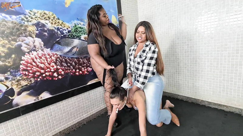 Weak Pony Girl Rided By Two Big Brunettes