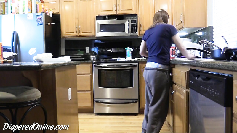 Taylor: Diapered, Cleaning Kitchen